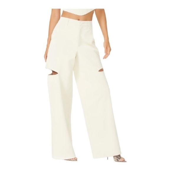 NEW AFRM Vegan Leather Ivory Pants  Kimmie Hi-Rise Wide Leg Cut Out Croc Size 31 - Picture 1 of 14